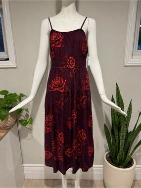 Old Navy NWT Burgundy Floral Midi Dress Medium Smocked Waist